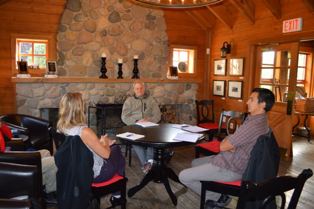 Heather Pawsey (soprano), Jordan Coble (Westbank First Nation) and Jeremy Berkman (Artistic Director of Turning Point) discuss the collaboration in the Allison House, still standing at Quails' Gate Winery.